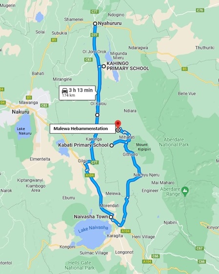 Entfernungen von Naivasha zu den Partnerschulen und Hebammenstation